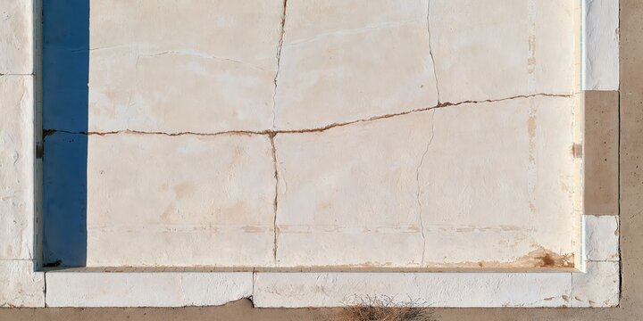 Cracked pale plaster surface with blue drained pool edge and abstract texture
