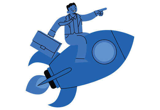 Businessman Riding Flying Rocket Pointing Forward Representing Business Launch Startup and Growth character vector illustration design.