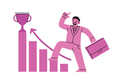 Businessman Stepping Up Bar Chart Towards Trophy Representing Career Growth and Success character vector illustration design.