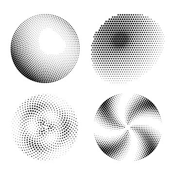 Set of halftone circle elements, abstract geometric shapes with dots for design isolated on transparent background