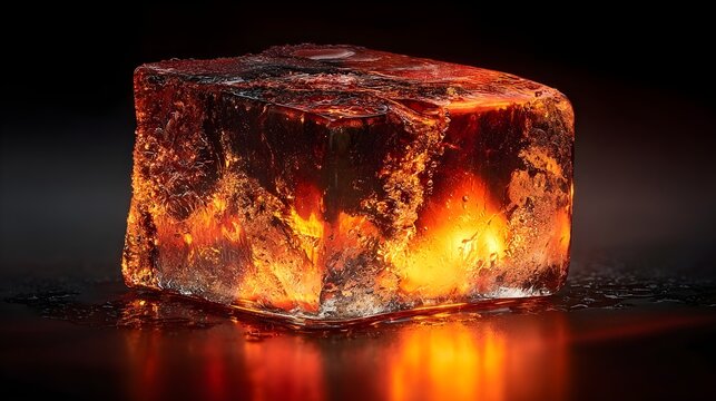 Molten glowing ice cube with intense orange core and reflective base