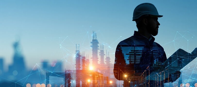 Structural engineer holding plans with layered steel construction and digital network overlay