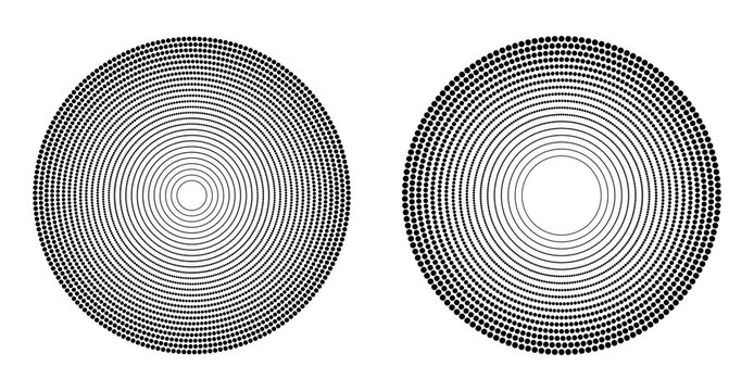 Halftone concentric circle abstract vector designs isolated on transparent background