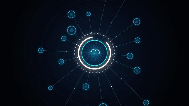 Digital network visualization with a central cloud icon radiating connections to orbiting data points creating an abstract technological concept