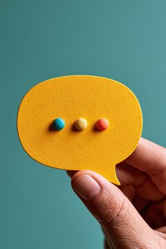 Hand holding yellow feedback bubble with colorful abstract markers