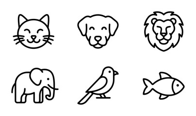 Fototapeta premium Animal line icons set with cat, dog, lion, elephant, bird and fish for apps and web