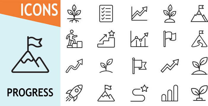 Progress and success icons line drawing