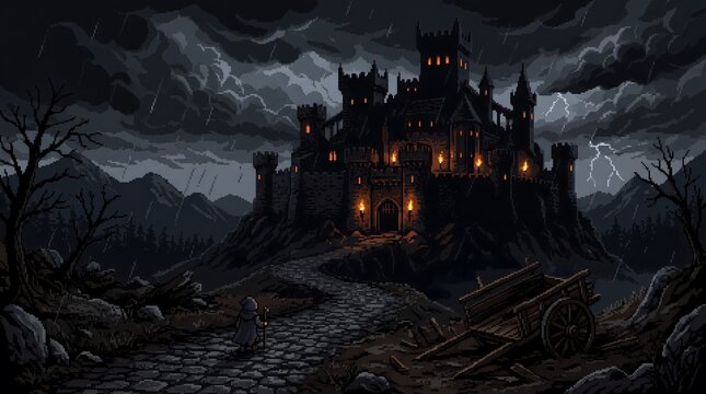 Dark and ominous castle silhouetted against a stormy night sky with glowing windows