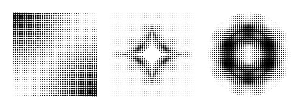 Set of halftone dot patterns with square, star, and circular gradients isolated on transparent background