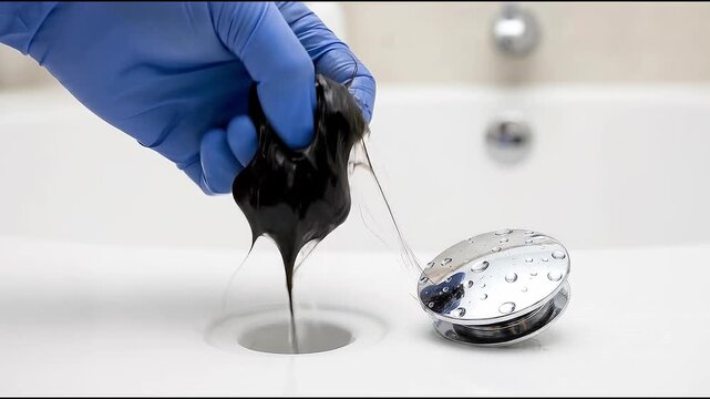 A hand in a blue nitrile glove pulling a clump of wet hair from a white bathtub drain.