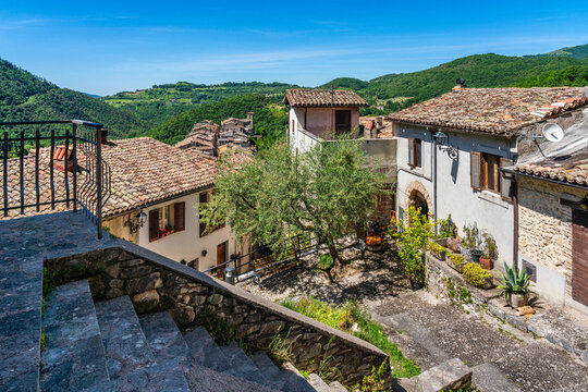 Montenero Sabino, beautiful village overlooked by a medieval castle. Province of Rieti, Lazio, Italy.