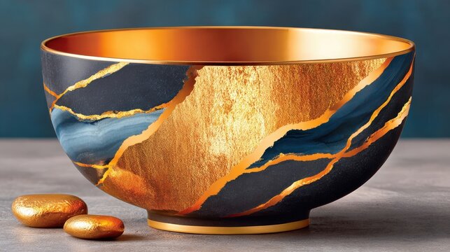 Ceramic bowl with kintsugi repair technique featuring golden veins over dark blue and black glaze, resting on gray surface with two golden stones beside it, artisanal craft