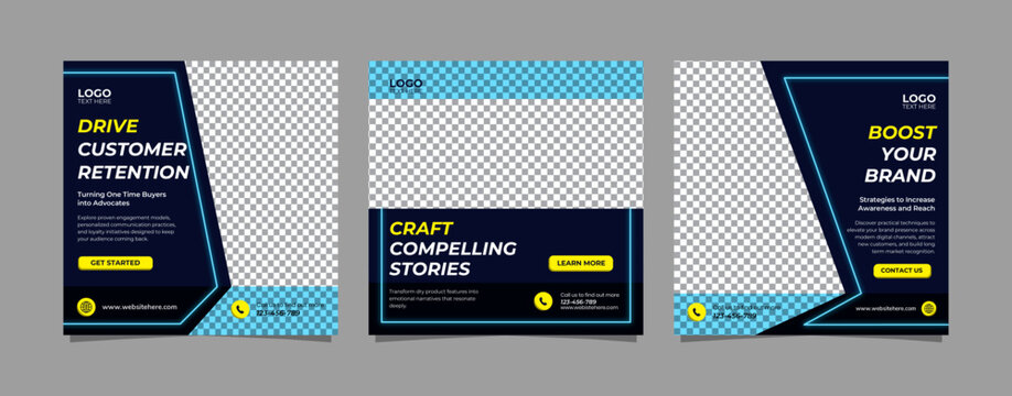 Social Media Carousel Post Template Pack for Business Marketing Strategy with Dark Neon Design, Editable AI file