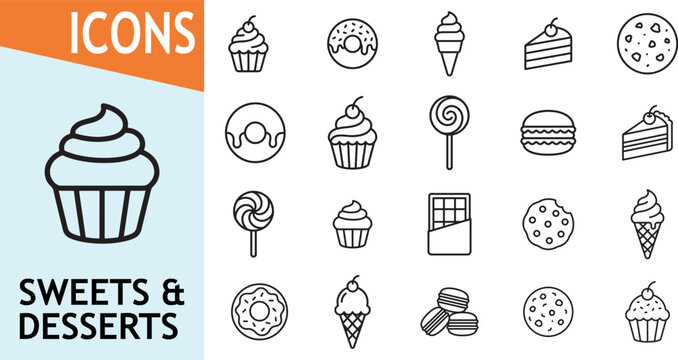 Sweets and desserts icon set for treats