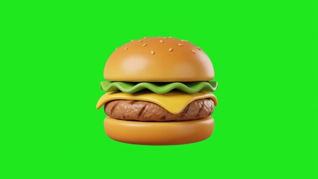 3D animated cheeseburger assembling ingredients floating on green screen
