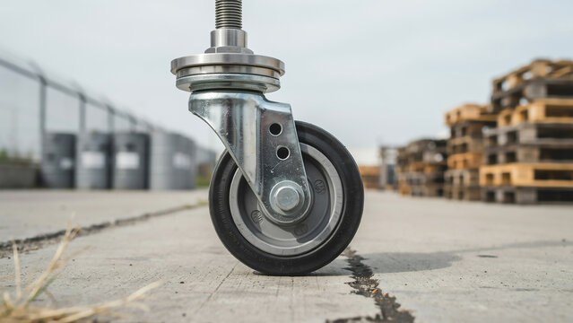 Close-up of a metal swivel caster wheel with black rubber tire