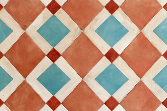 Geometric patterned floor tiles in terracotta, cream and teal with diamond design