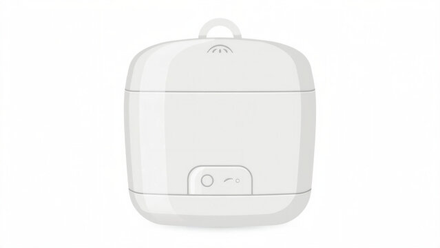A front-view vector illustration of a white electric rice cooker with a rounded-square shape, featuring a top handle, a steam vent, and a push-button control panel at the bottom.