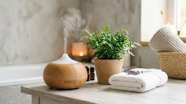 A wooden essential oil diffuser emitting mist on a bathroom vanity with a potted fern, folded white towels, and a candle for a relaxing spa atmosphere