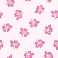 Fototapeta premium seamless floral pattern of pink hibiscus flower hand drawn illustrations isolated soft pink background 