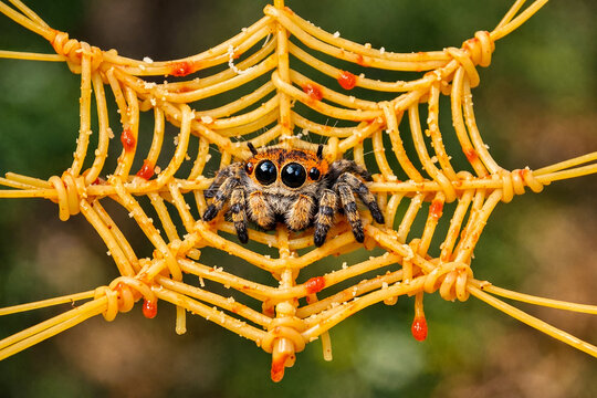 Tarantula perched at the center of a web woven from spaghetti strands dotted with red sauce, creating a surreal and playful food concept in a rustic kitchen with copper pots.