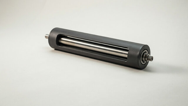 Dark gray industrial roller with silver metal core and bearings keywords: industrial roller