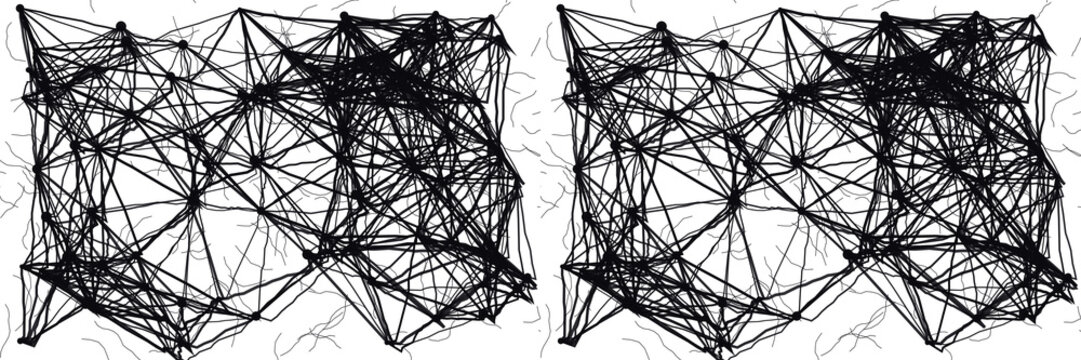 Dense black network nodes with intricate connections on checkerboard transparency for data visualization.