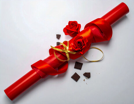 Red satin ribbon wraps a glossy gift roll beside scattered pieces of dark chocolate, neatly arranged on a plain white background for a romantic Valentine gift concept.