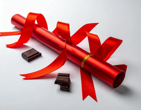 Red satin ribbon wraps a glossy gift roll beside scattered pieces of dark chocolate, neatly arranged on a plain white background for a romantic Valentine gift concept.