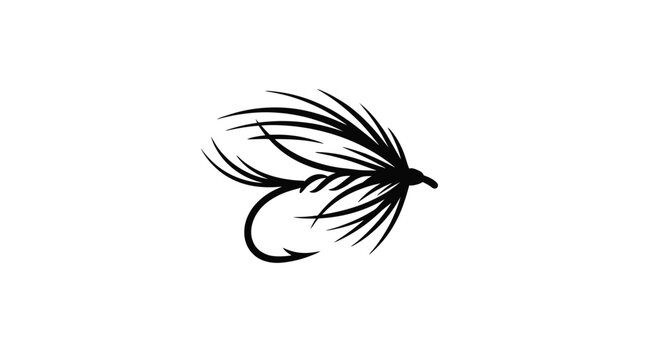 Detailed black silhouette fly fishing hook graphic illustration featuring sharp barbs and feathered details