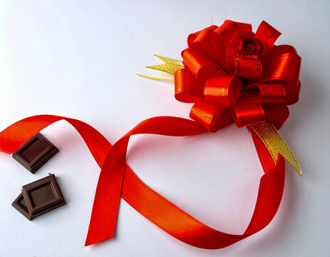 Red satin ribbon wraps a glossy gift roll beside scattered pieces of dark chocolate, neatly arranged on a plain white background for a romantic Valentine gift concept.