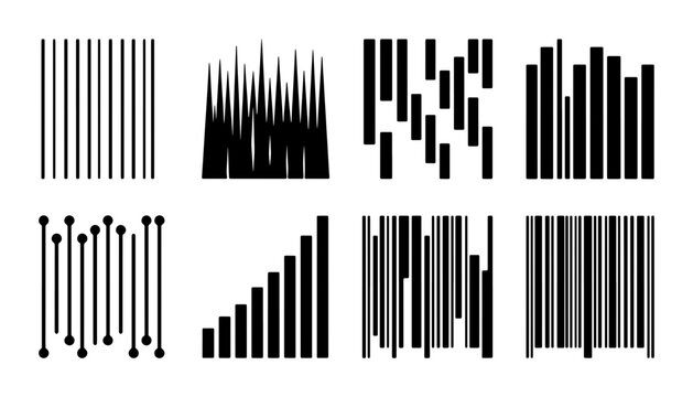 Barcode and data stream silhouettes set with digital codes, charts, and lines for technology and business logos
