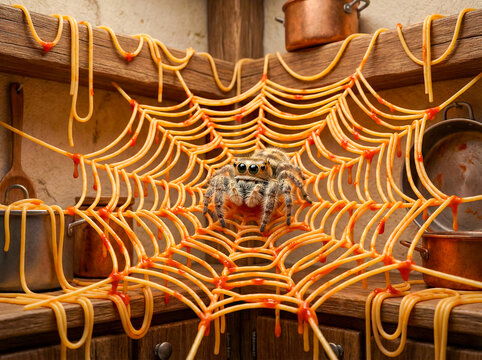 Tarantula perched at the center of a web woven from spaghetti strands dotted with red sauce, creating a surreal and playful food concept in a rustic kitchen with copper pots.
