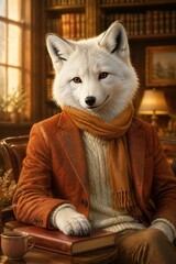 Fototapeta premium Anthropomorphic white fox reading inside a cozy vintage library