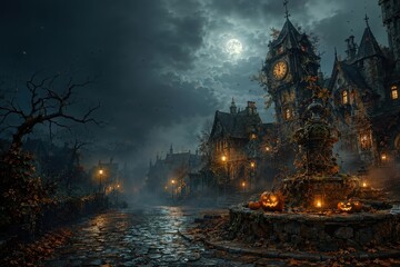 Obraz premium Moonlit haunted village with pumpkins beside Gothic clocktower