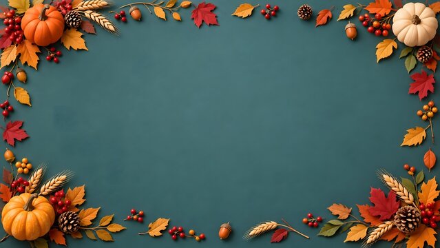 A beautiful autumnal thanksgiving border with pumpkins leaves and a teal background
