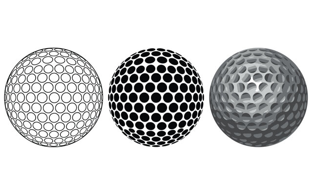 Three detailed golf balls featuring outline, black silhouette, and realistic 3D shaded vector designs