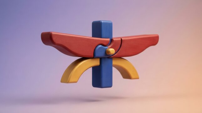 3D render of a colorful abstract geometric puzzle object made of interconnected wooden toy blocks against a soft