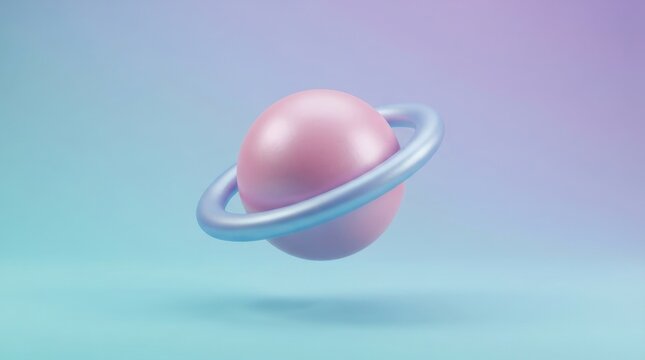 Pink planet with blue ring isolated on gradient background for space and astronomy design