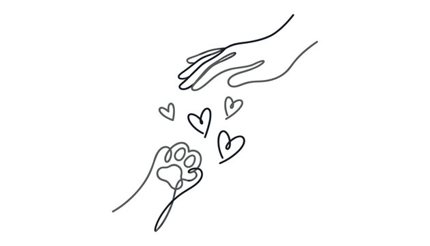 Human hand and dog paw line art vector illustration. Friendship hearts, minimalist outline design, pet care rescue, veterinary connection, animal love relationship icon.