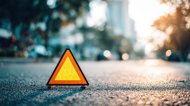 A reflective triangle warning sign rests on an asphalt road, indicating a potential hazard or roadside emergency. ..Created with Generative AI, not depicting real subjects.
