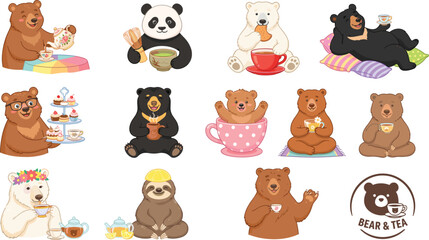 Obraz premium Cute Bear and Sloth Vector Illustration Set Featuring Adorable Panda Polar Grizzly Bear Characters Drinking Tea and Coffee with Cakes and Pastries