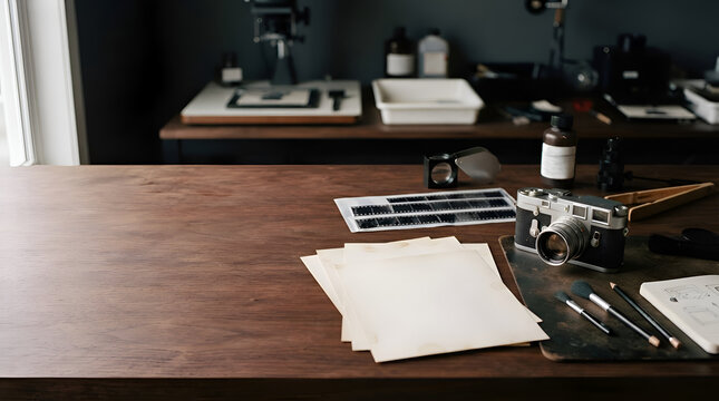 Wooden desk in a creative photography studio features blank paper sheets next to a vintage rangefinder camera, film negatives, and darkroom equipment.