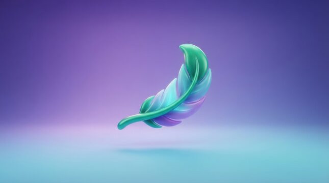 3D render of a stylized soft feather icon with vibrant blue and green gradient colors isolated on a purple background