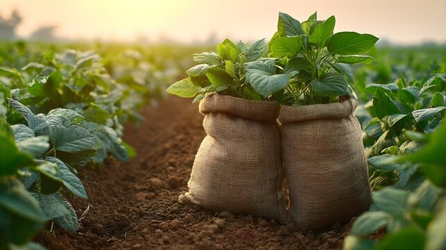Young plant seedlings in burlap sacks on cultivated field soil