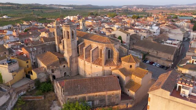 Aerial View of Sant Juli&agrave; Church at Sunrise in L'Arbo&ccedil;, Catalonia, Spain