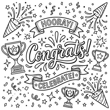 Celebration doodles with congrats hooray and celebrate text banners trophies and confetti hand drawn success illustration graphic elements