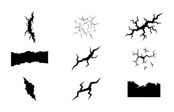 Crack silhouettes set with fissures, breaks and fissures for design