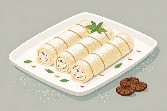 Patishapta thin rolled Bengali rice crepes filled with sweet coconut mixture, arranged elegantly, minimal vector style