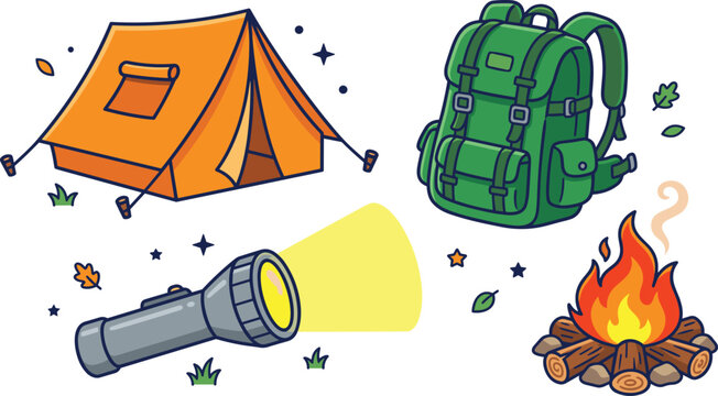 Camping tent and backpack vector graphic with flashlight and bonfire for outdoor adventure design